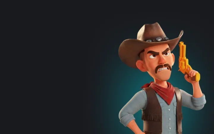 O mesmo mascote 3D de bigode caracterizado de caubói, com chapéu e revólver, na coleção Ocidental
